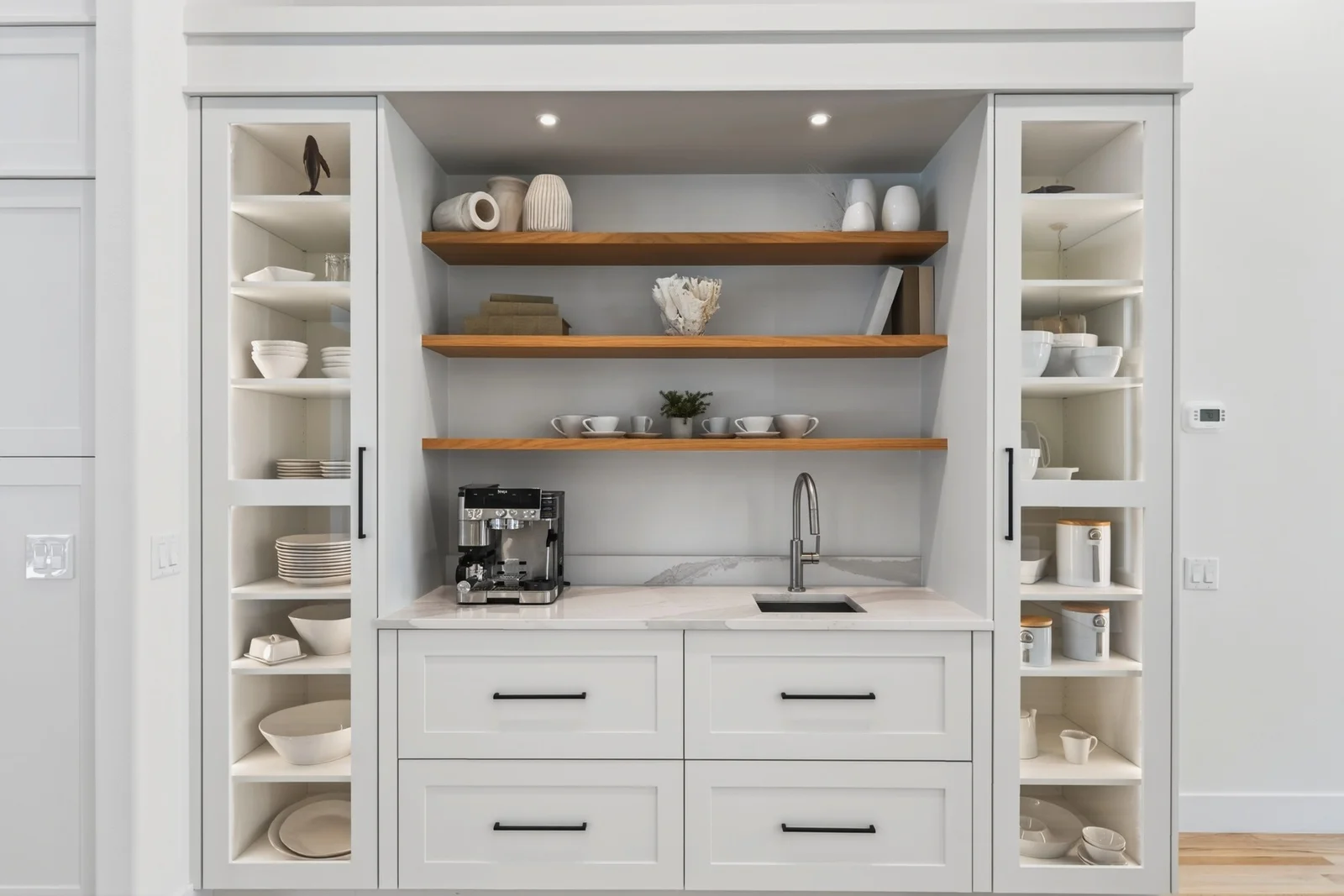 Gallery 10 Custom coffee station with floating shelves and quartz counter in Venice
